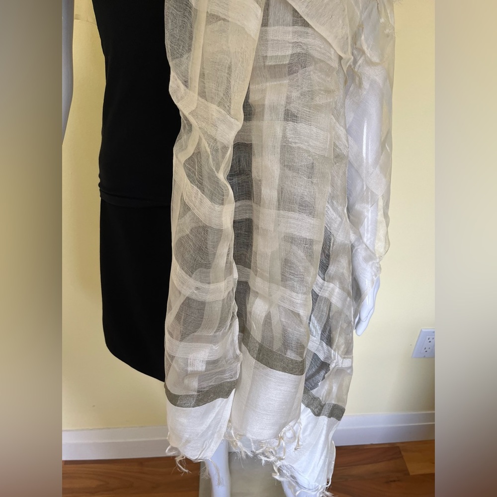 Silk & cotton blend cream color striped wrap extra long shawl - Picture 5 of 15